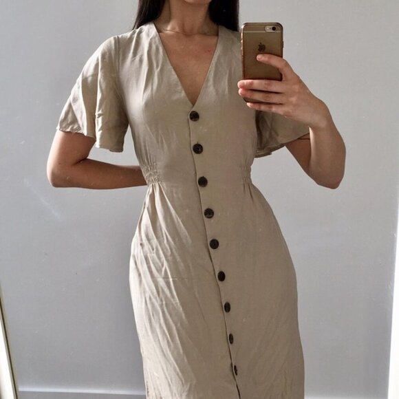 Zara Button Down Lyocell Short Sleeve Midi Dress Cream Nude Size Small - Picture 1 of 7